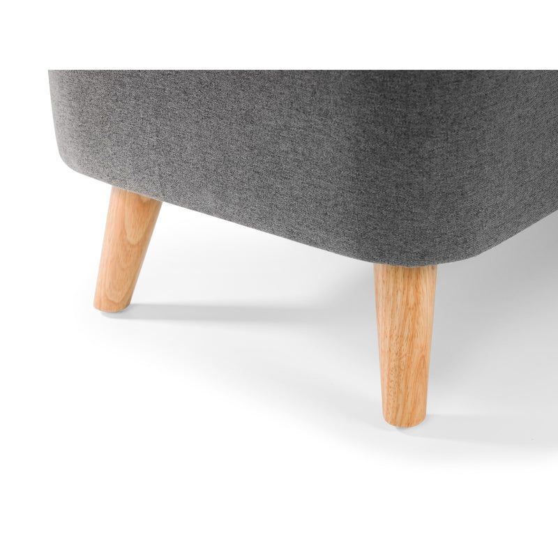 Gray upholstered chair with wooden legs on a white background