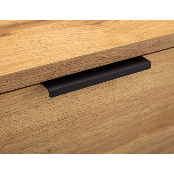 Wooden drawer with a black handle on a white background