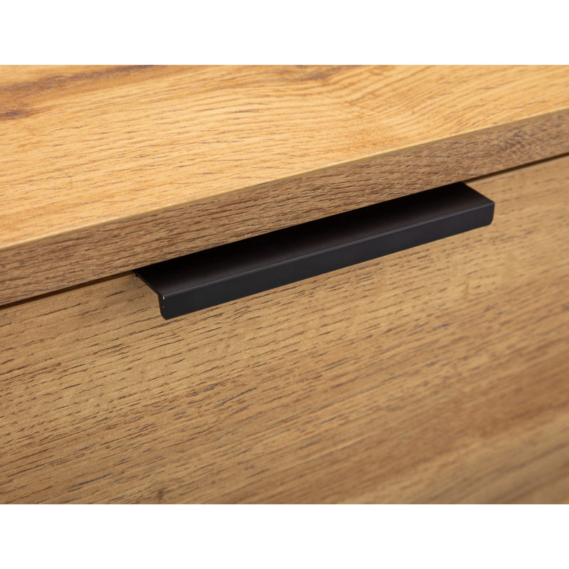 Wooden drawer with a black handle on a white background