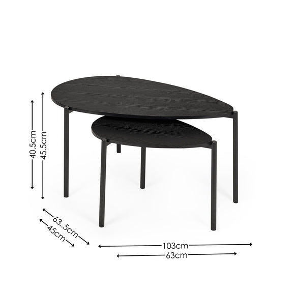 Two black nesting tables with dimensions on a white background