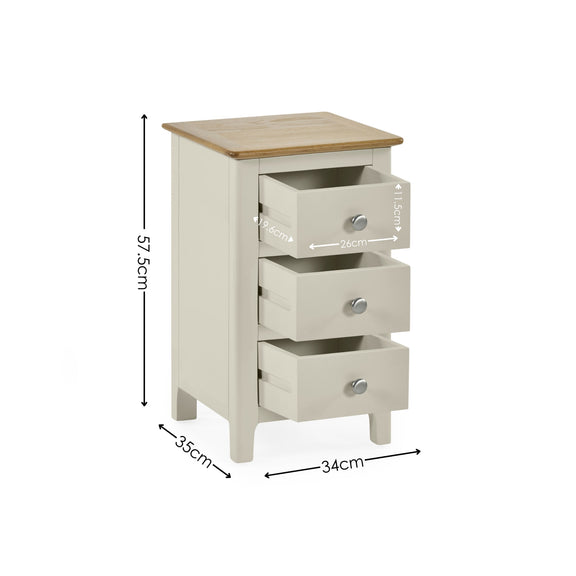 Dimensions of white 3 drawer bedside table with oak top