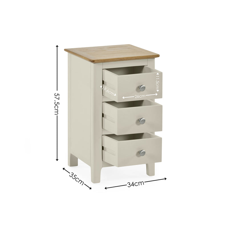 Dimensions of white 3 drawer bedside table with oak top