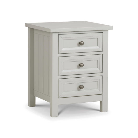 Gray nightstand with three drawers on a white background