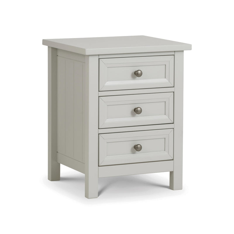Gray nightstand with three drawers on a white background