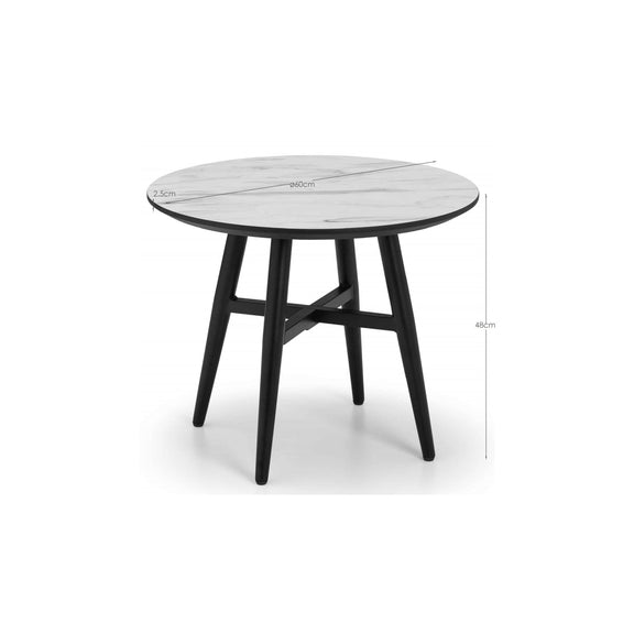 Round table with marble top and black legs on a white background