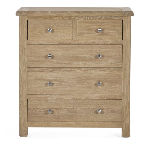 Wooden dresser with five drawers on a white background