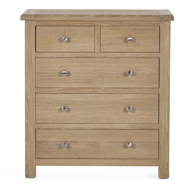 Wooden dresser with five drawers on a white background