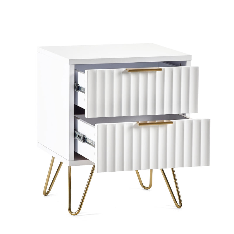 White side table with gold hairpin legs on a white background