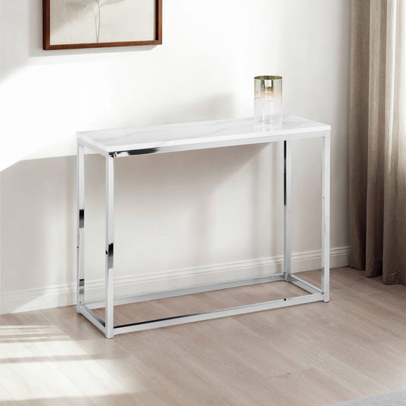 White console table with a glass top in a room setting