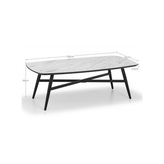 Coffee table with marble top and black legs, dimensions displayed.