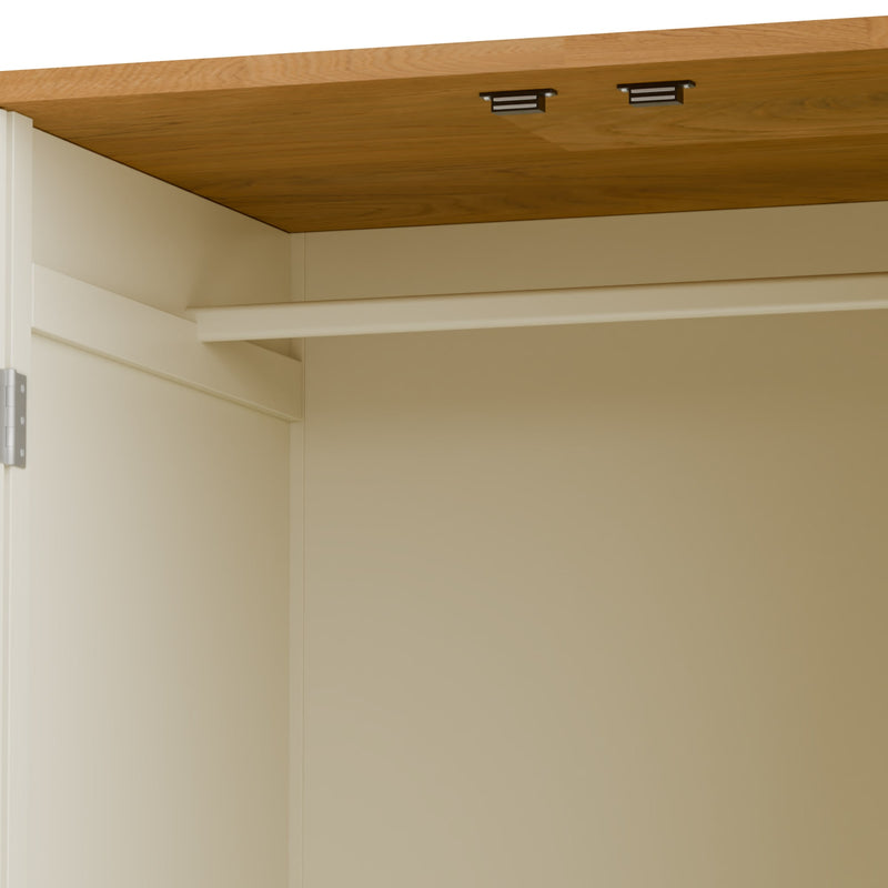 Wooden shelf with USB ports on a white wall