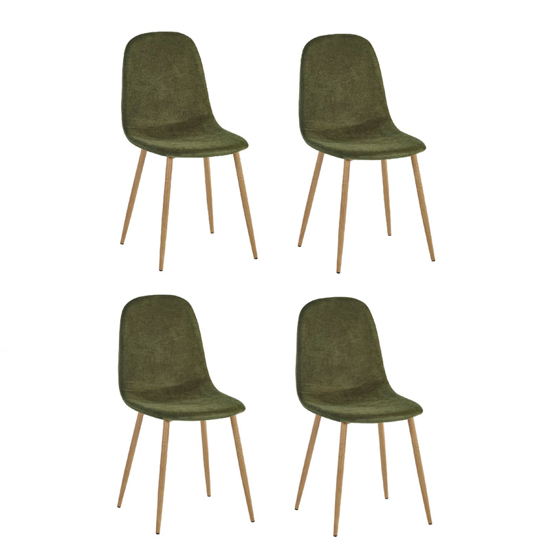 Four green chairs with wooden legs on a white background