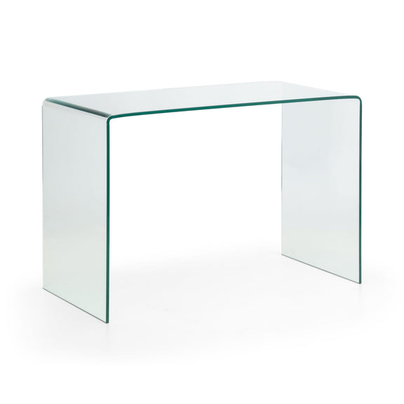 Clear glass side table on a white background