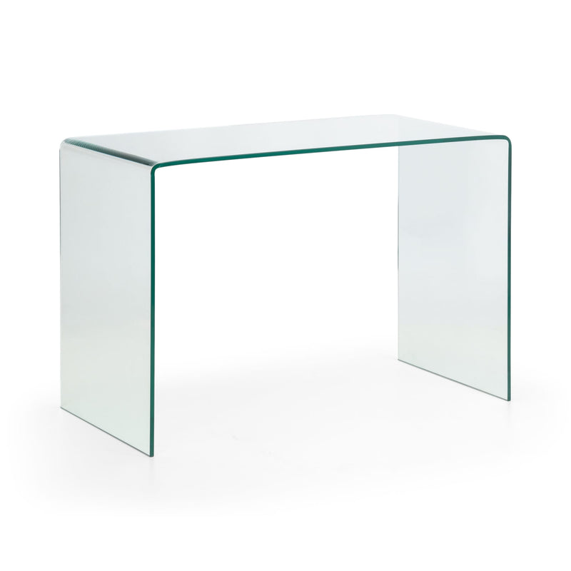 Clear glass side table on a white background
