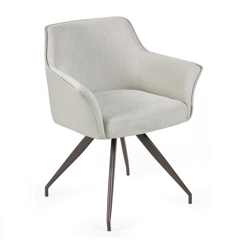 Gray upholstered chair with metal legs on a white background