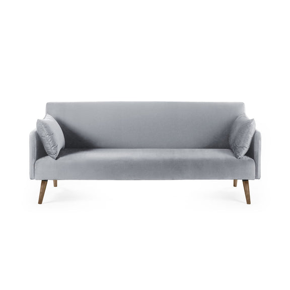 Gray sofa with two cushions on a white background