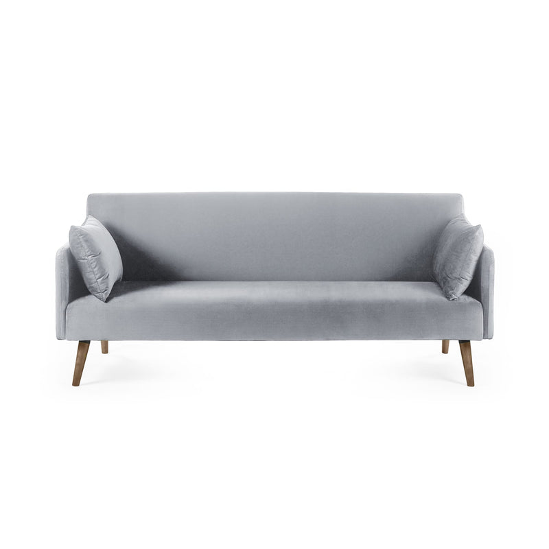 Gray sofa with two cushions on a white background