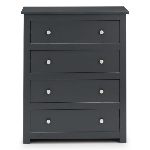 Dark gray dresser with four drawers and silver knobs on a white background