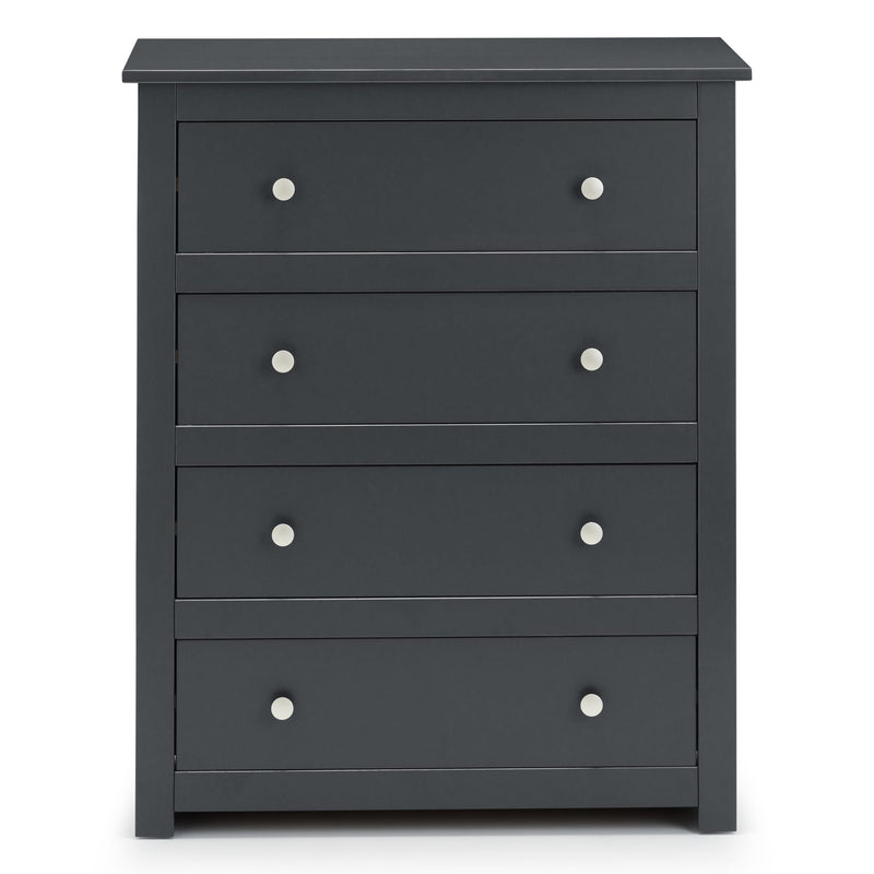 Dark gray dresser with four drawers and silver knobs on a white background