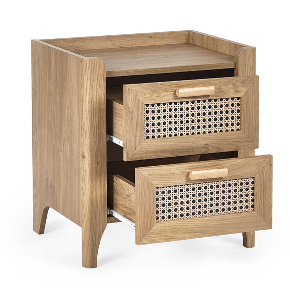 Oak bedside table with top drawer open showing storage space