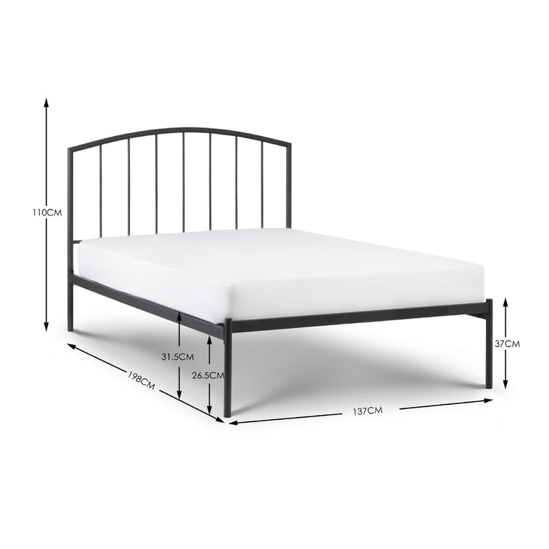 Black metal bed frame with dimensions on a white background