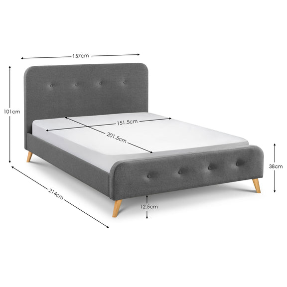 Gray upholstered bed with dimensions marked on a white background