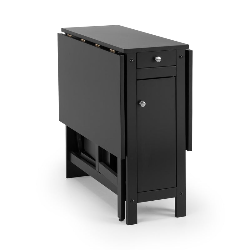 Black side table with a drawer on a white background