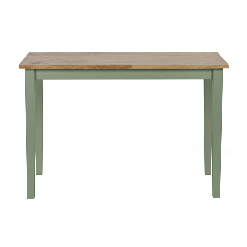 Dining table with wooden top and green base on a white background