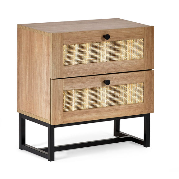 Wooden nightstand with two drawers and a black metal base on a white background