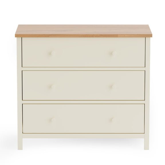 White dresser with wooden top on a white background