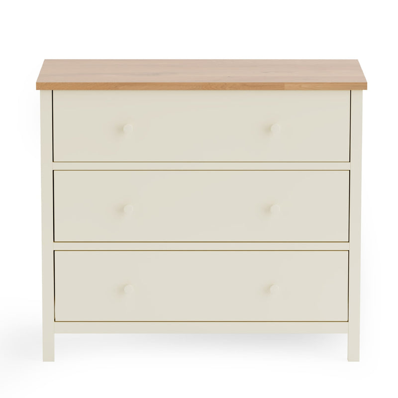 White dresser with wooden top on a white background