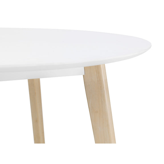 Round white table with light wood legs on a white background