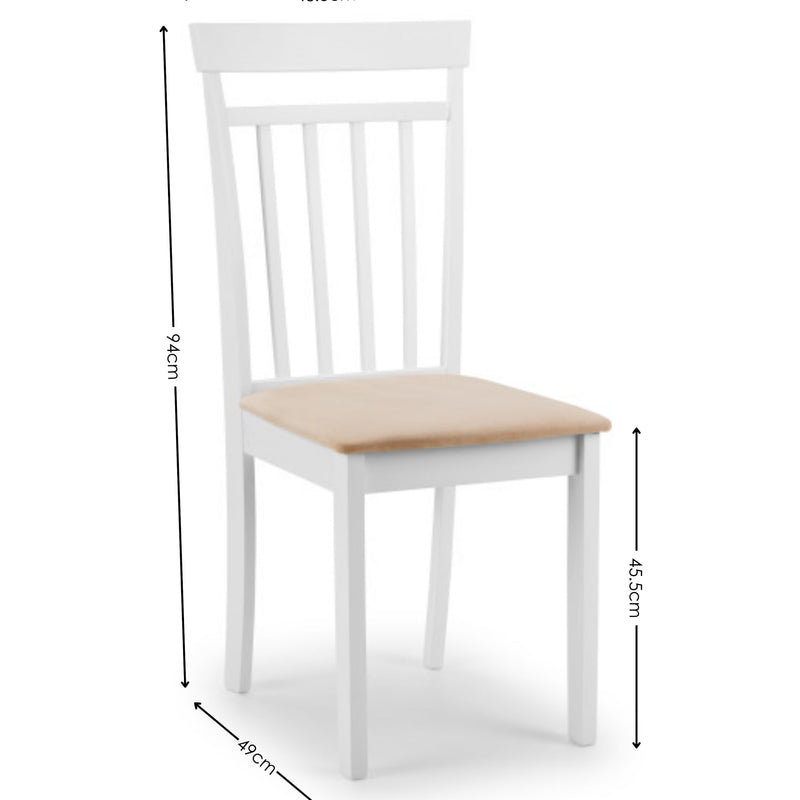 White chair with a wooden seat and dimensions on a white background