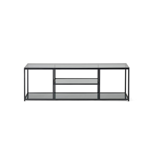 Modern TV stand with glass shelves on a white background