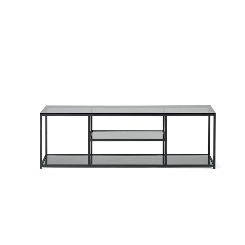 Modern TV stand with glass shelves on a white background