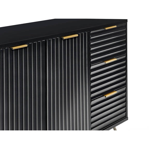 Black cabinet with gold handles on a white background
