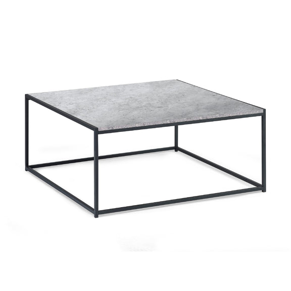 Square coffee table with marble-like top and black metal frame on a white background