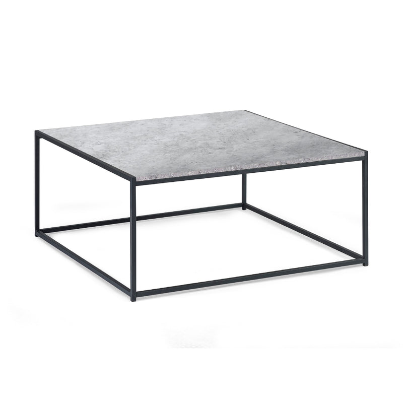 Square coffee table with marble-like top and black metal frame on a white background