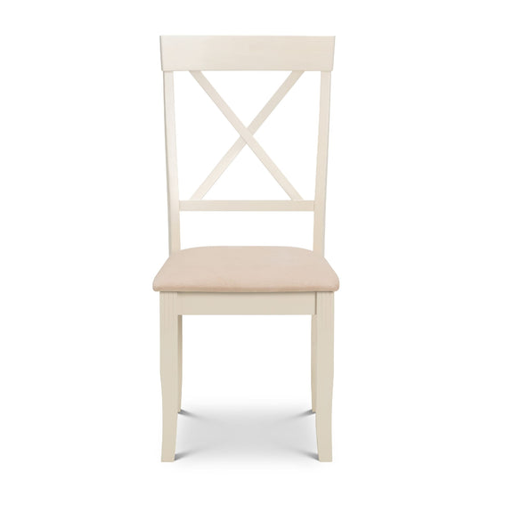 White chair with a beige cushion on a white background