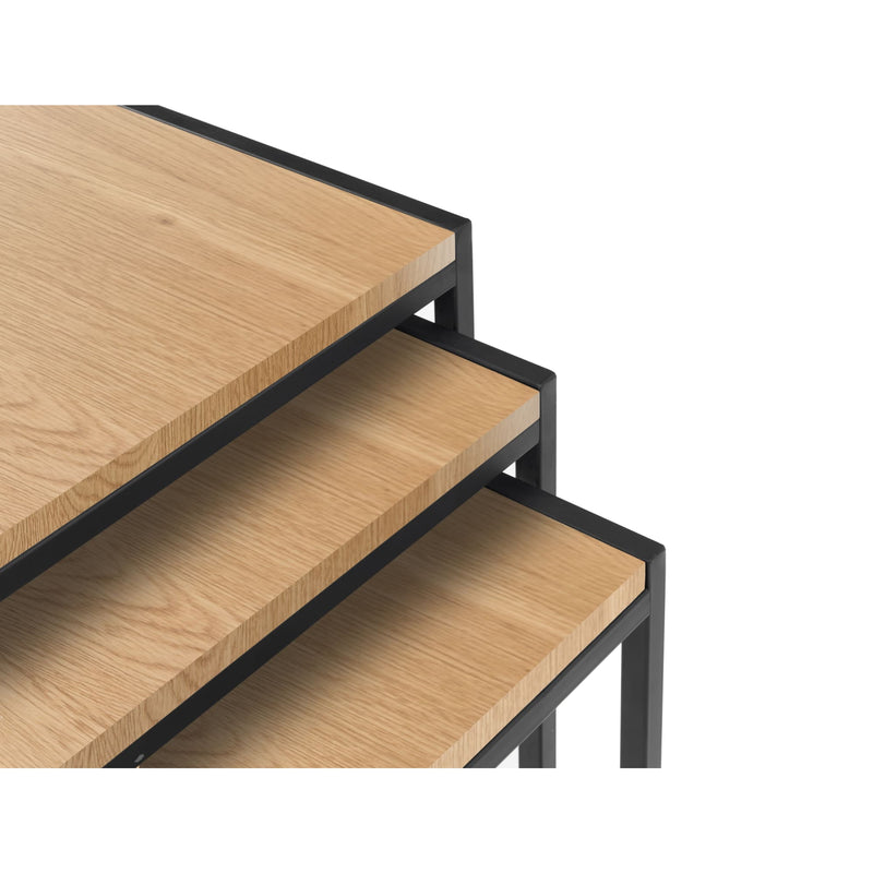 Stack of wooden shelves with black metal frames on a white background