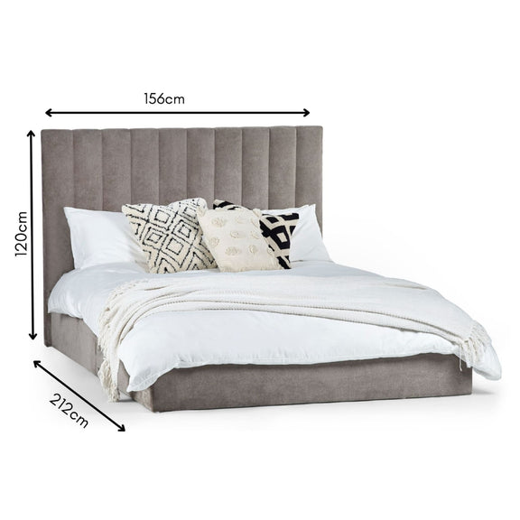 Gray upholstered bed with white bedding and pillows, shown with dimensions on a white background.