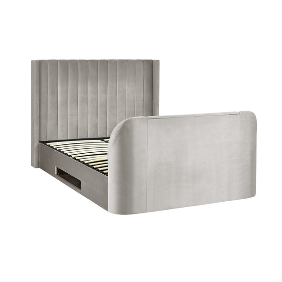 Gray upholstered bed with headboard on a white background