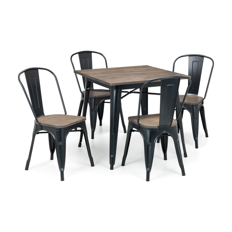 Dining set with a rectangular table and four chairs on a white background
