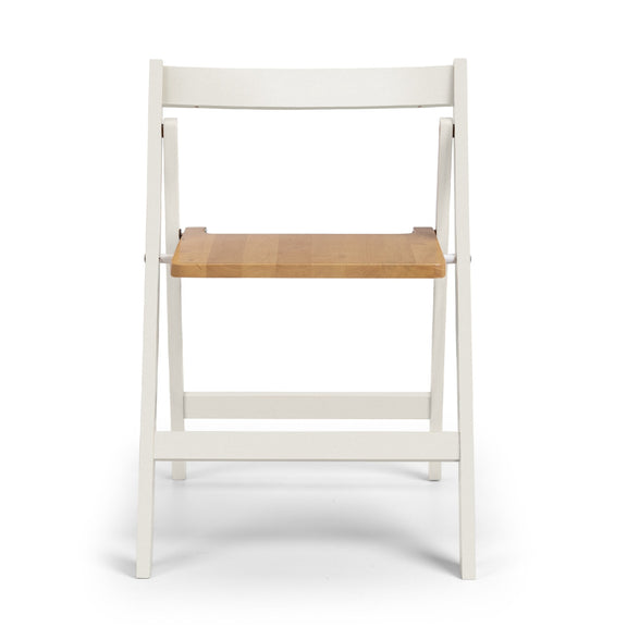 White folding chair with a wooden seat on a white background