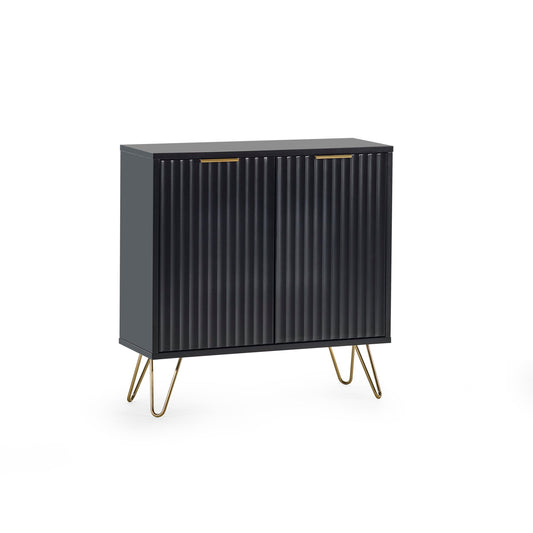 Black cabinet with gold legs on a white background
