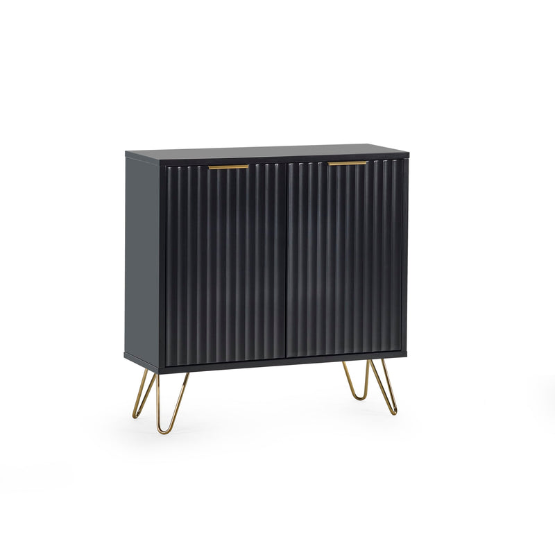Black cabinet with gold legs on a white background