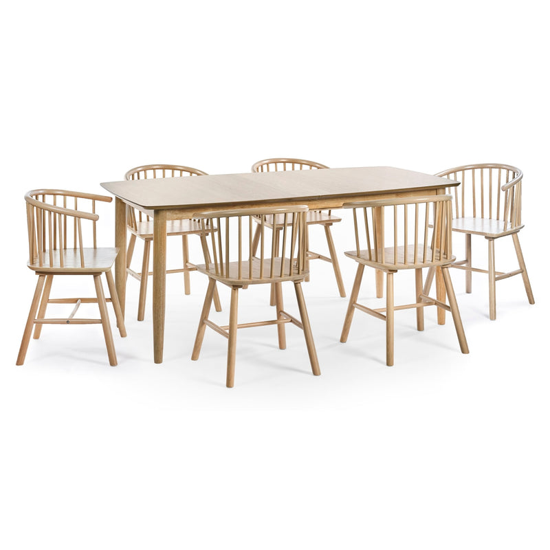 Dining table with six chairs on a white background