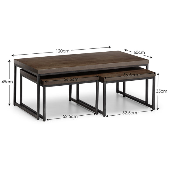 Set of two wooden tables with dimensions labeled on a white background