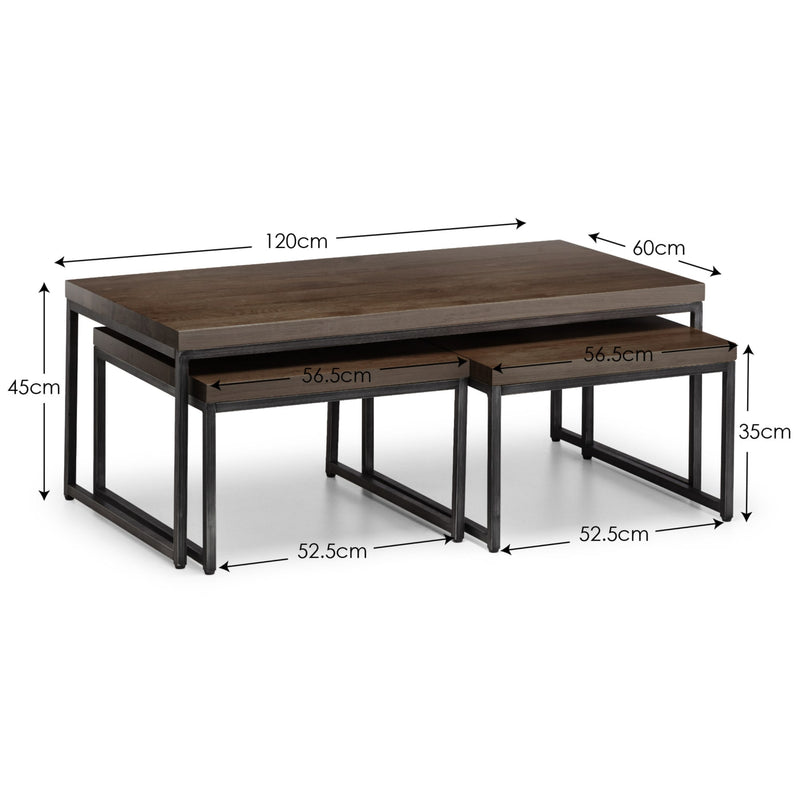 Set of two wooden tables with dimensions labeled on a white background