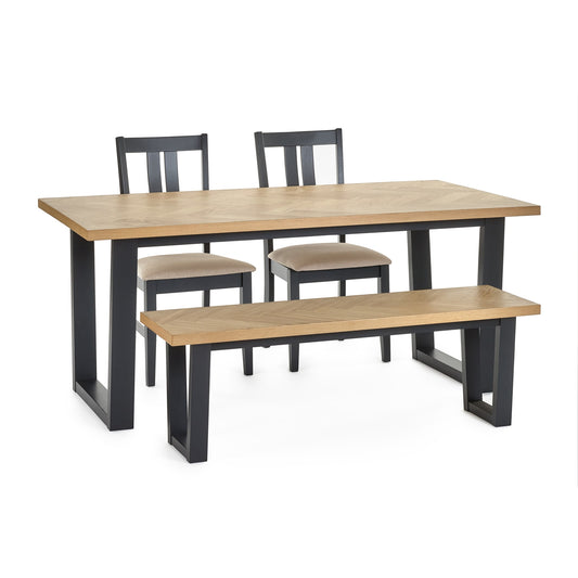 Dining set with table, two chairs, and a bench on a white background